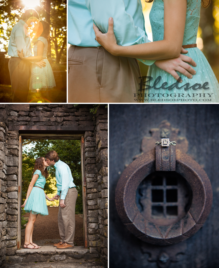 mint green engagement portrait session at Knoxville Botanical Gardens, engagement ring on vintage lock © Bledsoe Photography