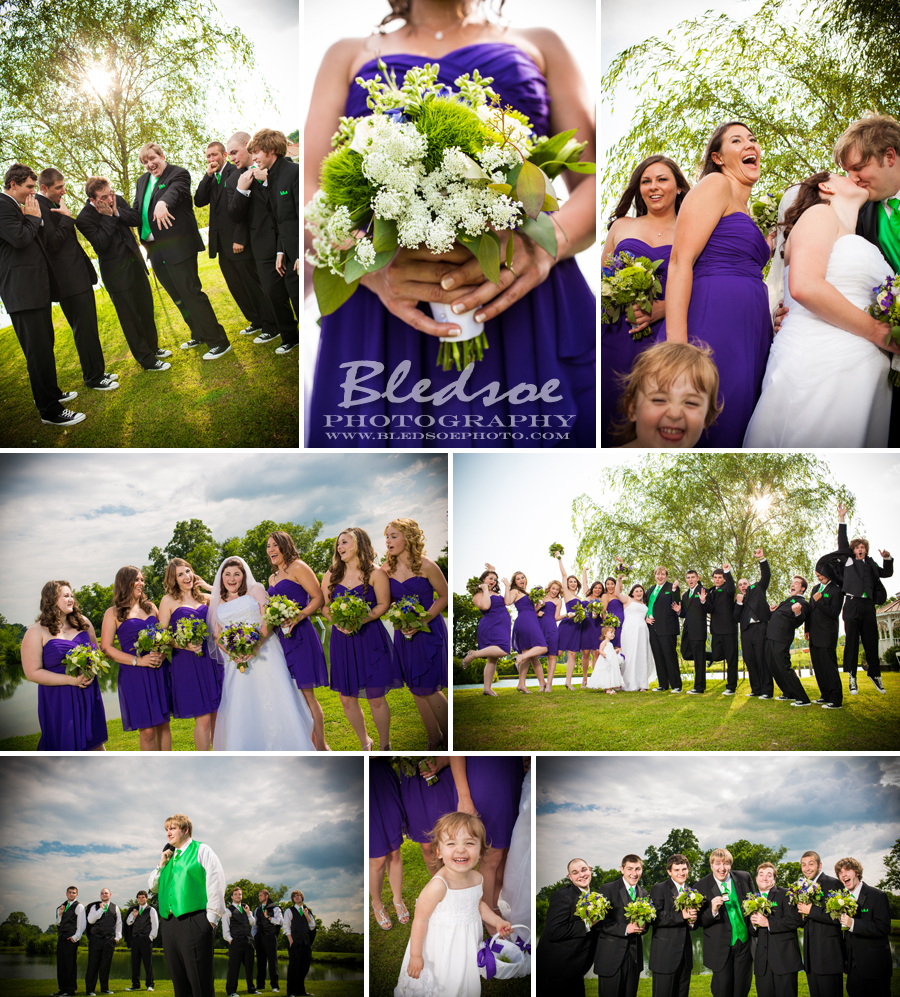 purple short bridesmaid dresses, purple and green bouquets, lisa foster floral design, lime green tuxedo vest, groomsmen holding girl's bouquets