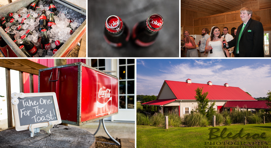 Coke bottle toast, Twin Cedar Farm reception barn, wedding rings on Coke bottle tops