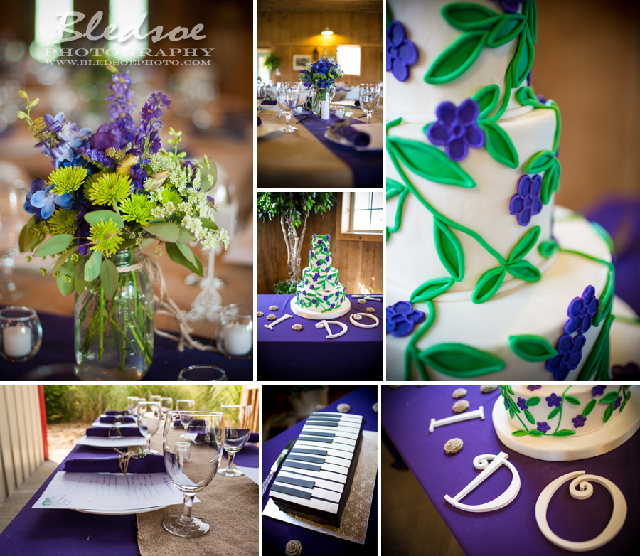 purple green wedding cake, piano groom's cake, purple and green bouquet centerpieces