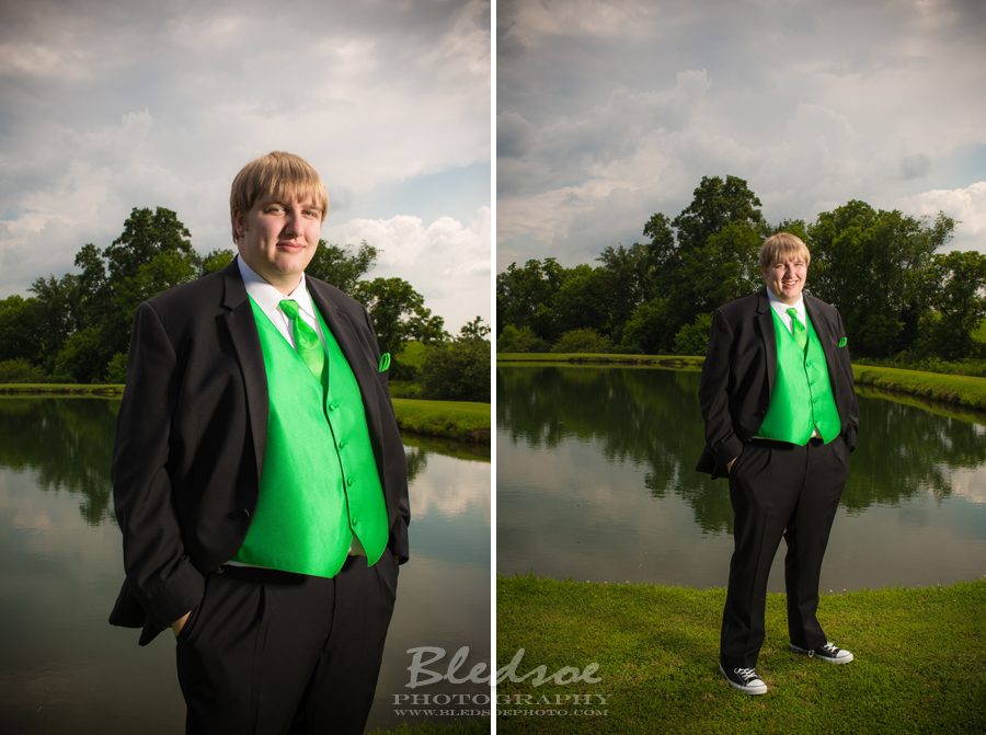 Groom portrait, lime neon green tux vest and tie, Twin Cedar Farm