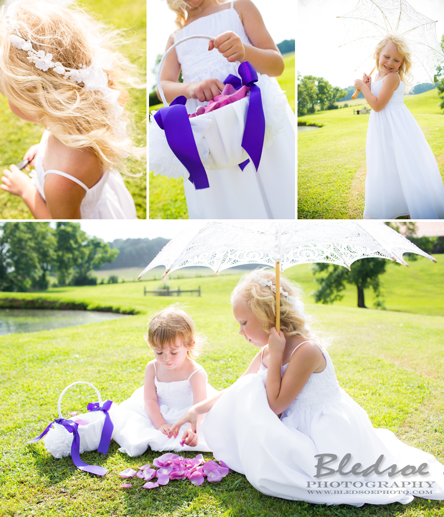 Flower girls at Twin Cedar Farms, flower girl with lace umbrella, white flower head wreath, purple rose petals