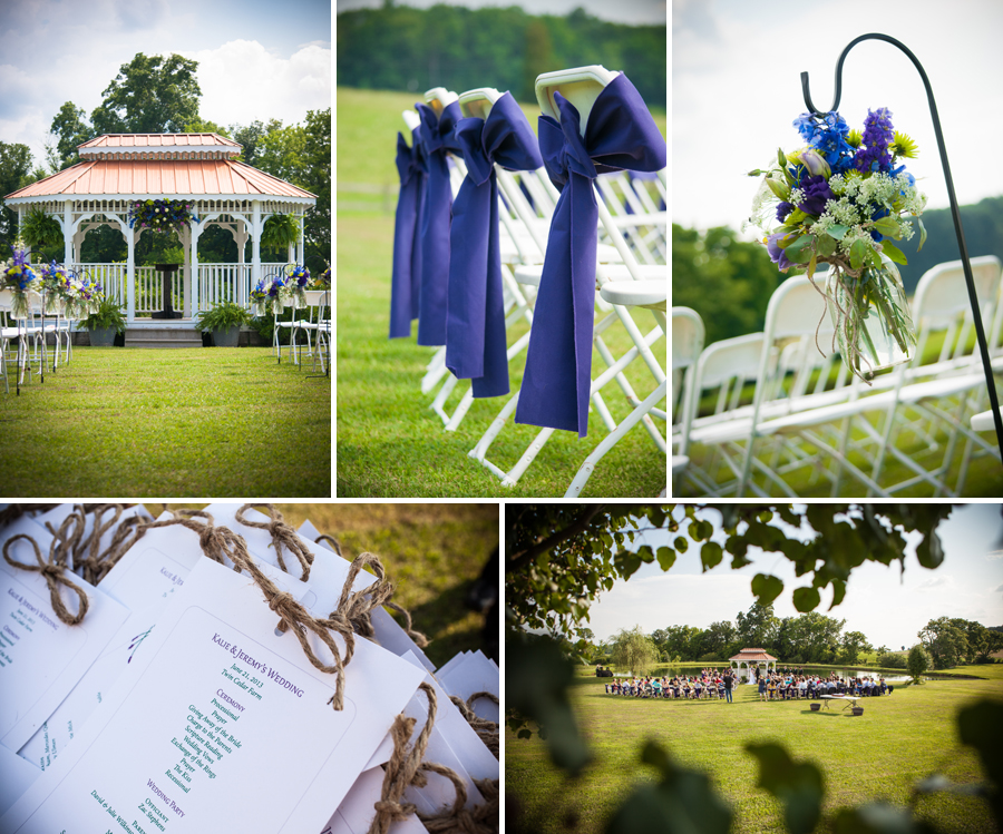 Twin Cedar Farm wedding gazebo, purple chair bows, wedding programs with twine