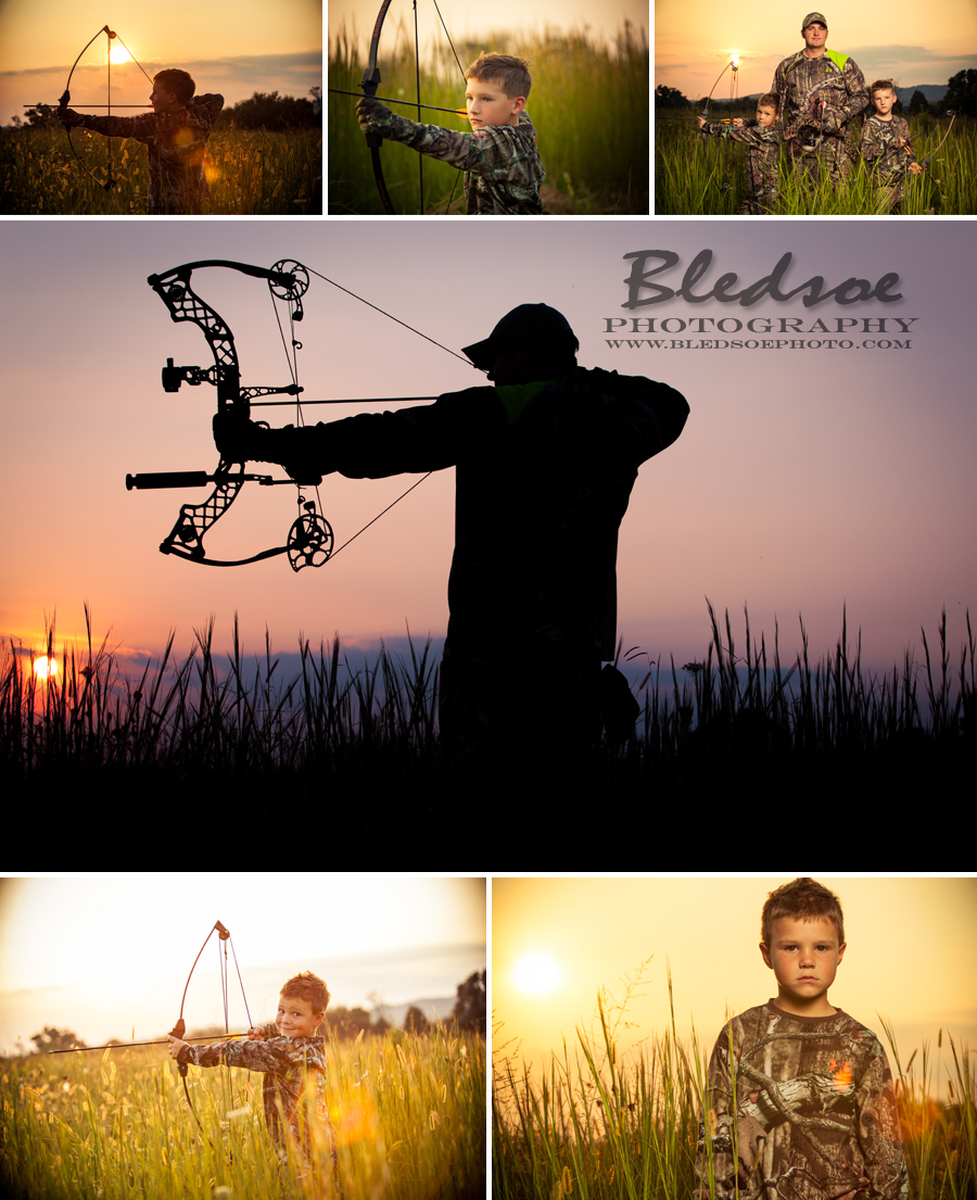 Father and sons, Painter Family, Fall Family Portraits in Knoxville, © Bledsoe Photography, camo bow hunter portrait at sunset