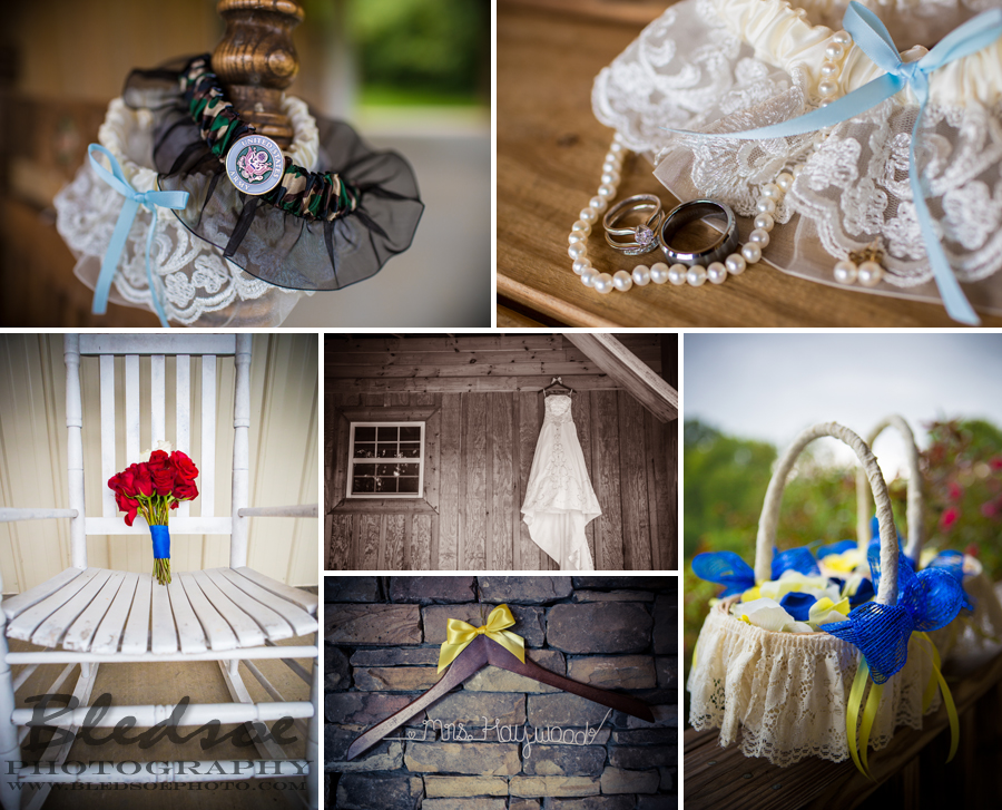 Army garter, red rose bouquet in white rocking chair, twin cedar farm wedding, personalized wedding dress gown hanger, lace flower girl basket