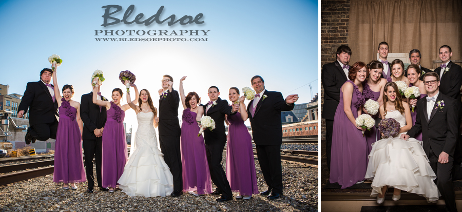 Purple vintage wedding, wedding party photos on train tracks, knoxville wedding photographer, bledsoe photography