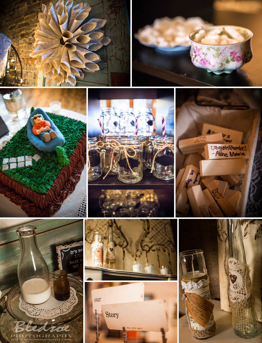 antiques at vintage wedding in knoxville at Remedy Coffee, Jenga guest book, burlap and lace wedding, bledsoe Photography, knoxville wedding photographer