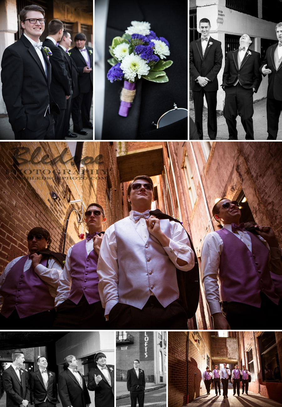 groom's portraits photos, groomsmen photos, purple vest for wedding, bad ass groomsmen photo, groomsmen walking down an alleyway, knoxville wedding photographer, bledsoe photography