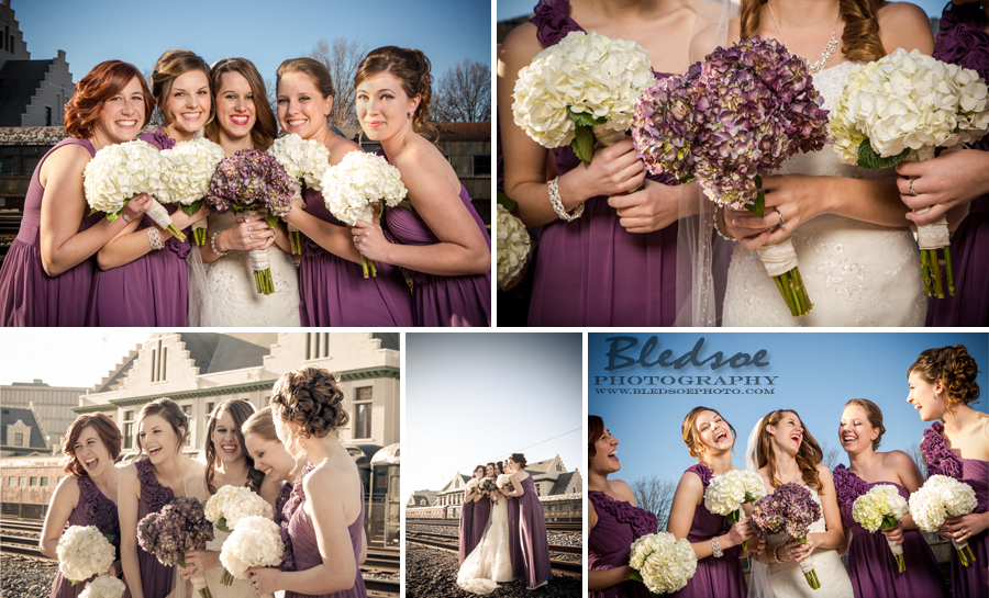 bride and bridesmaids photos, wedding party photos, purple bridesmaid dress, white and purple hydrangea bouquest, Abloom Florist, knoxville wedding photographer, bledsoe photography