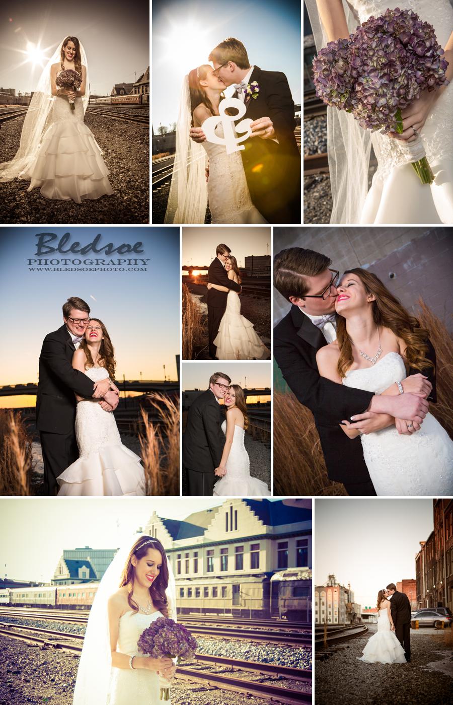 bride and groom portraits on train tracks, downtown knoxville, sunset wedding portraits, knoxville wedding photographer, bledsoe photography