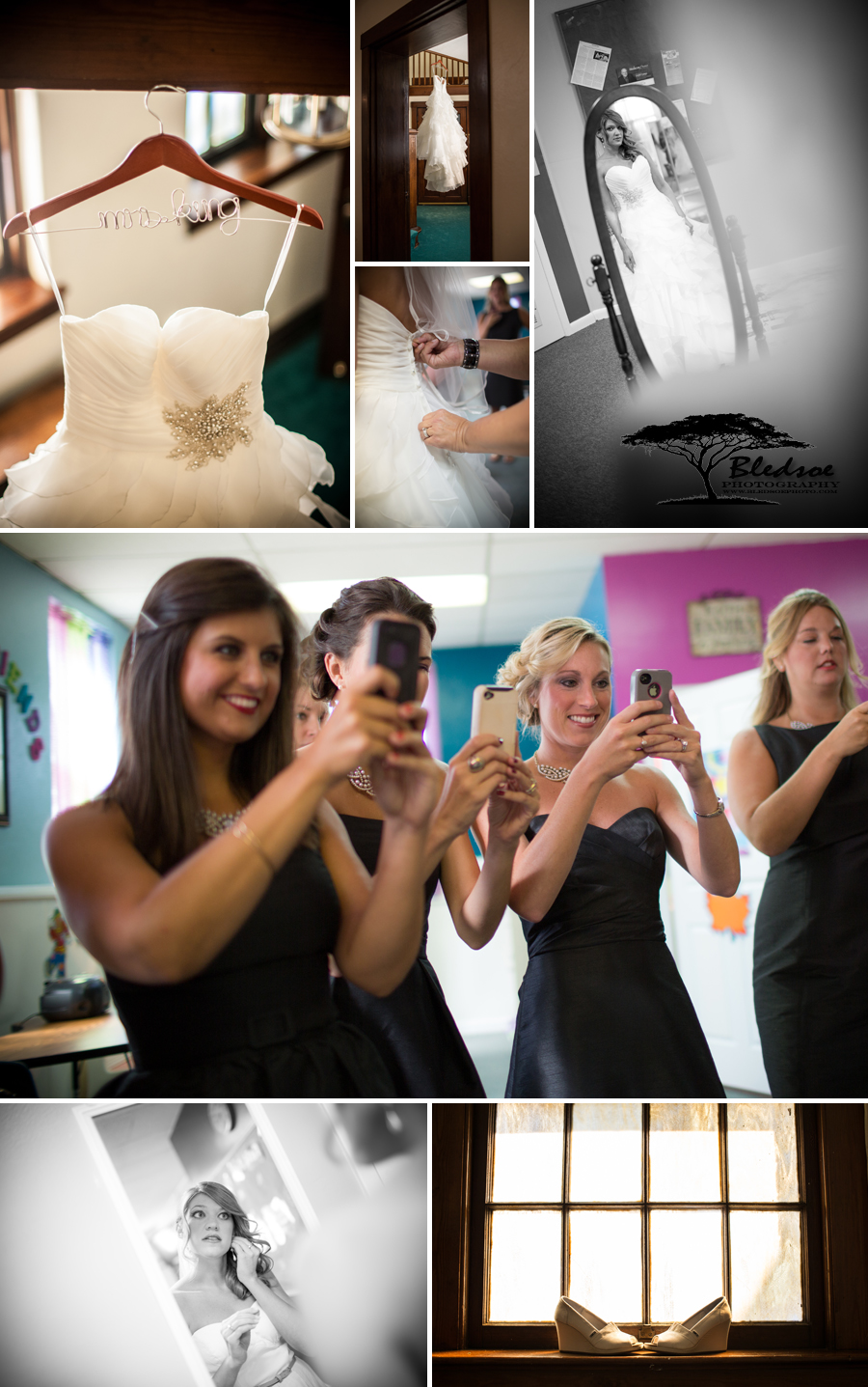 Bride getting ready, sevierville wedding, bridesmaids with iphones