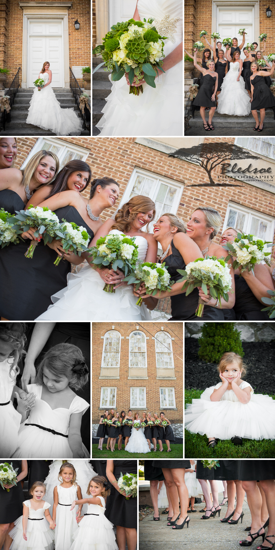 black bridesmaid dresses, first baptist sevierville, wedding, lisa foster succulent bouquet, bledsoe photography