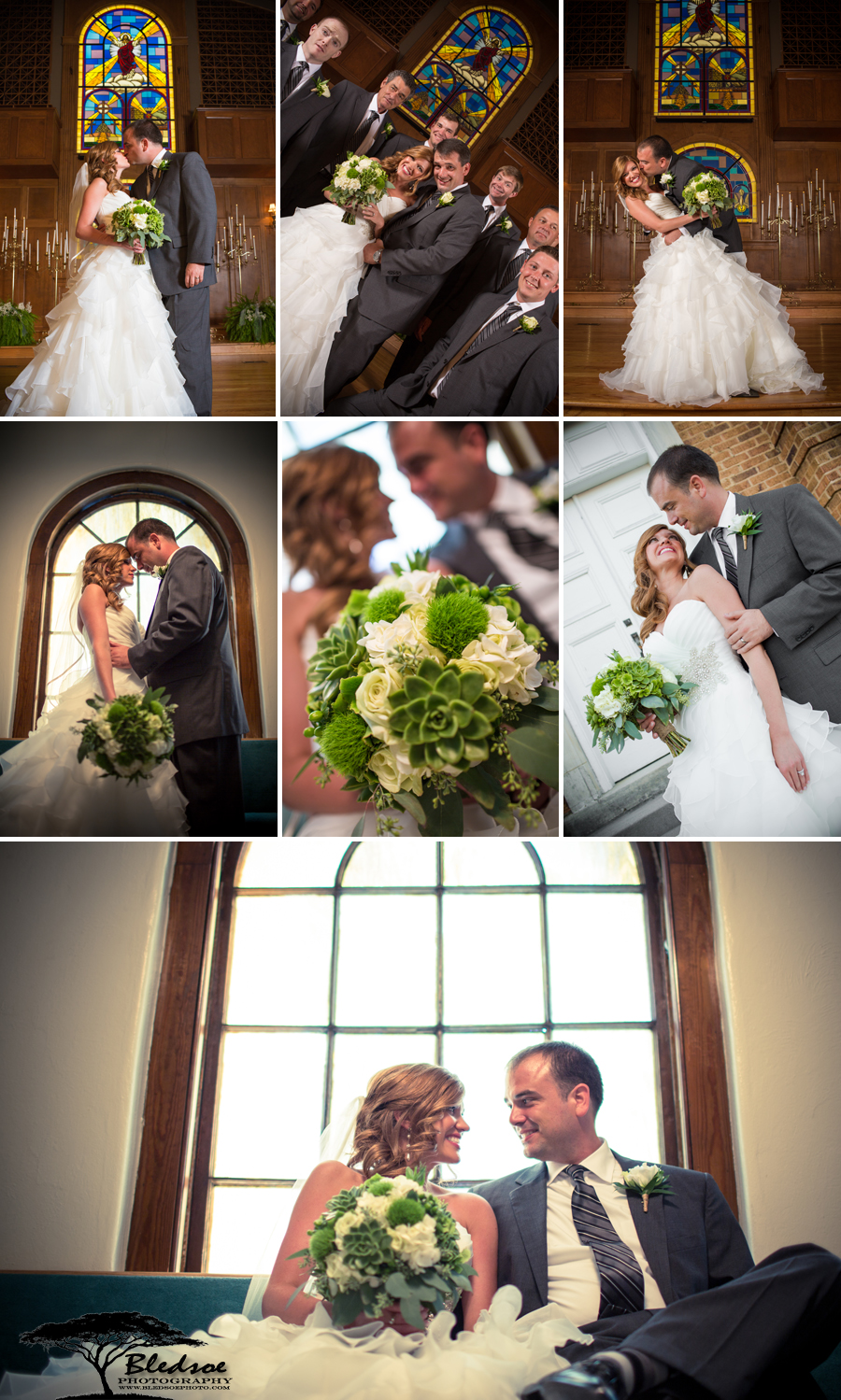 bride and groom after wedding, first baptist church sevierville, gray suit, allure wedding gown, succulent bouquet, bledsoe photography