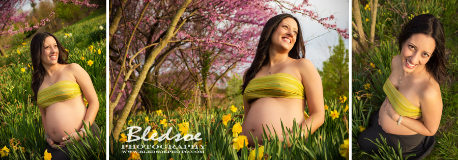 Spring maternity belly photo session in Knoxville, © Bledsoe Photography, bare belly, Brazilian baby belly, daffodils, purple and yellow flowers