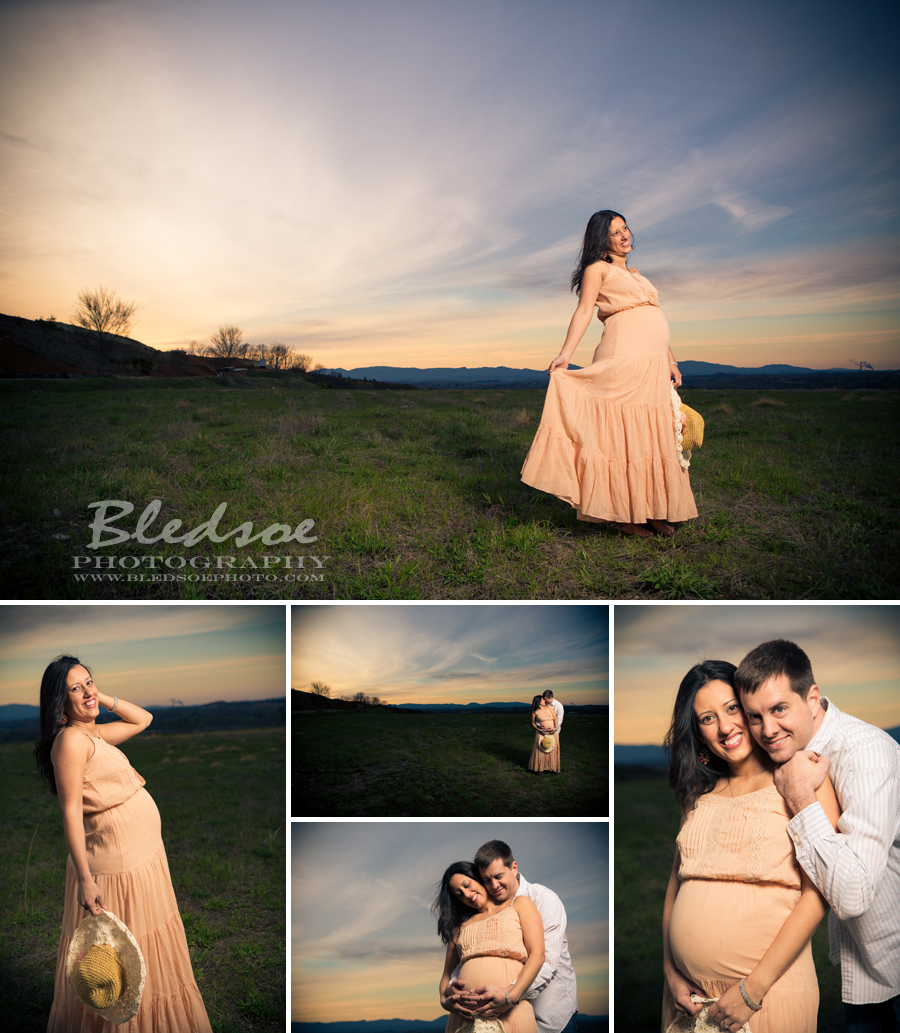 Spring maternity belly photo session in Knoxville, © Bledsoe Photography, Brazilian baby belly, peach dress, flower hat, sunset