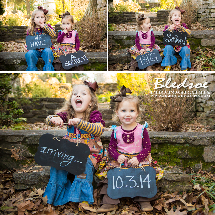 little girls wearing Matilda Jane big sister pregnancy annoucement knoxville photographer, ©Bledsoe Photography