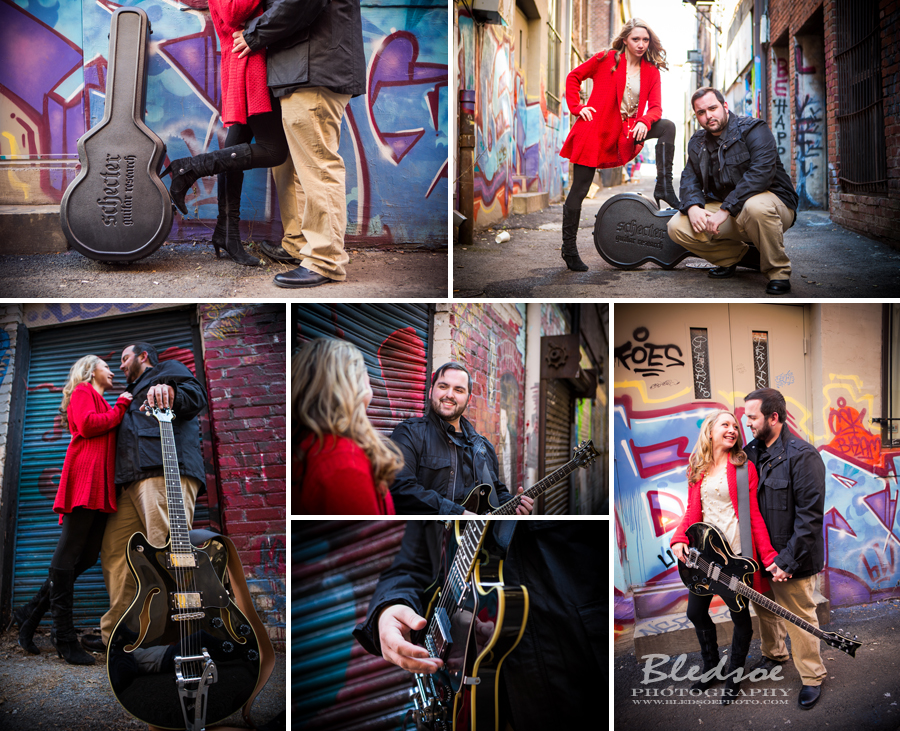 Downtown Knoxville alley engagement photo session guitars and rockstars in Knoxville, TN Lacey Cheverton and Patrick Siminerio