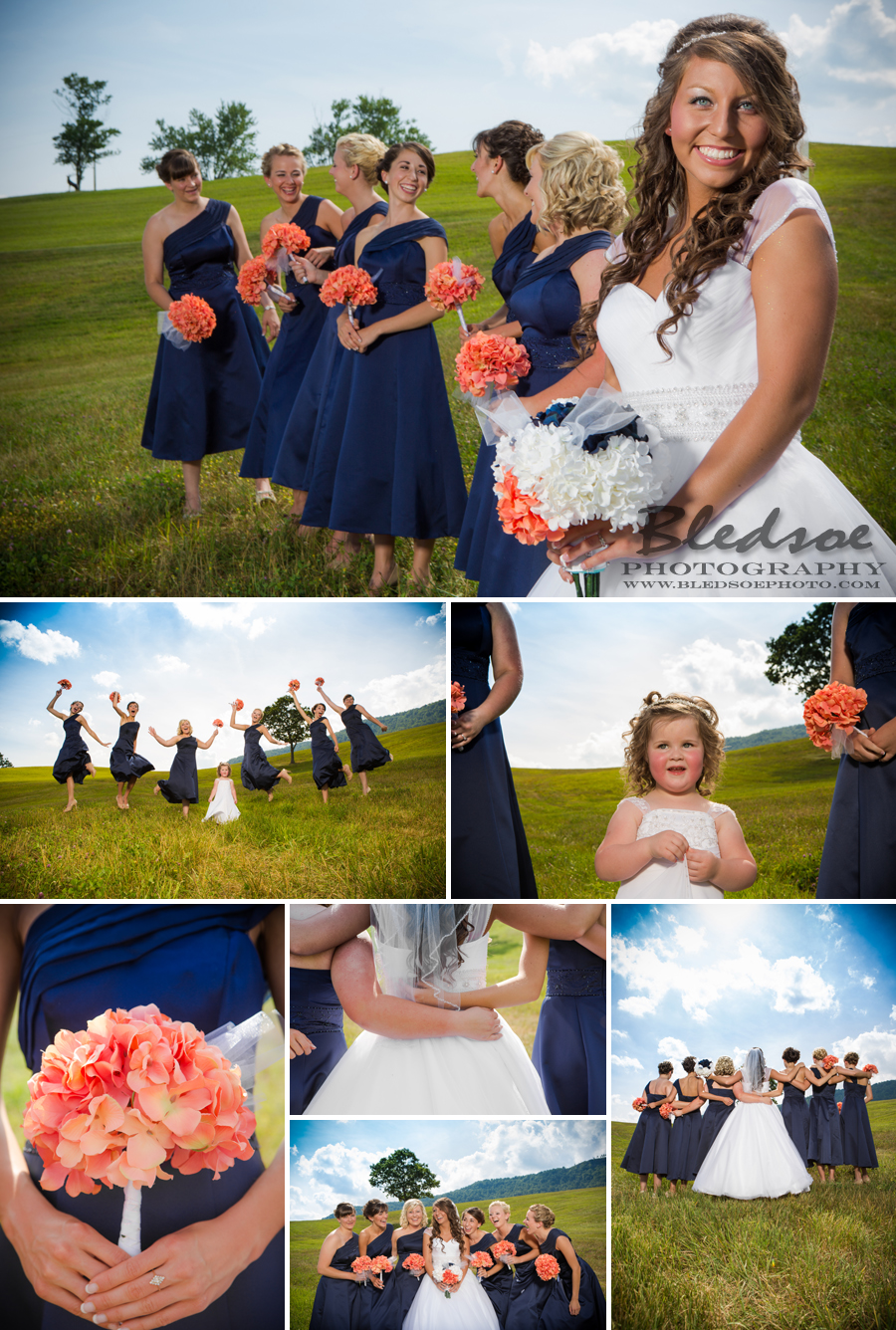 the stables lafollette tn wedding party navy bridesmaid dress coral hydrangea bouquet