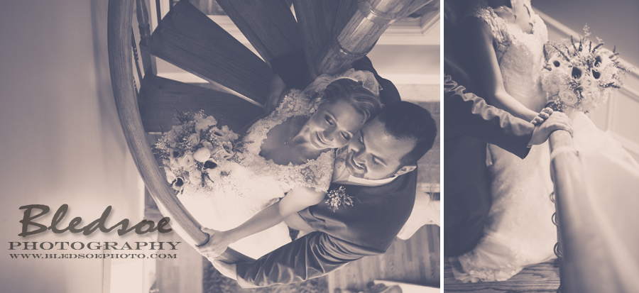 Bride and groom on spiral staircase, knoxville tn wedding photographer, bledsoe photography