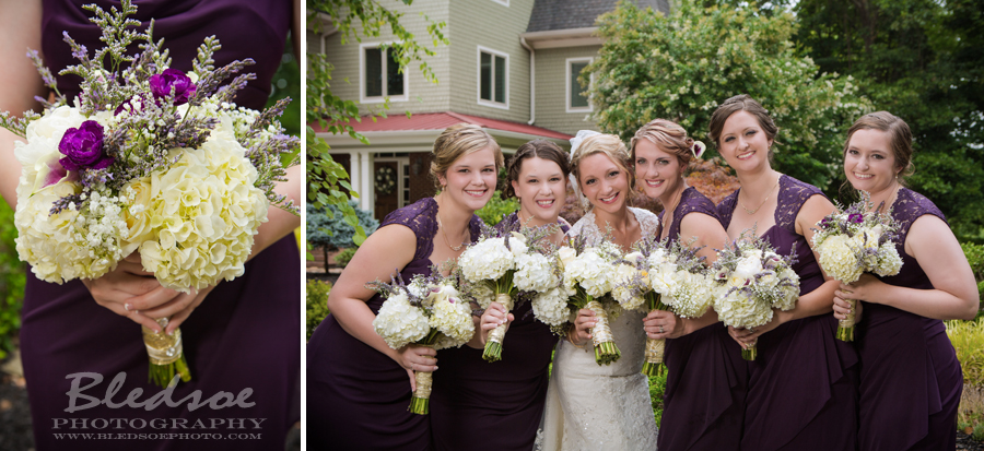bride and bridesmaids in purple lace short dress, lavender bouquet, knoxville wedding photographer