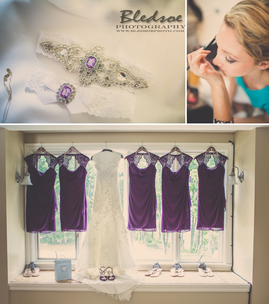wedding and bridesmaid dresses in window, purple jeweled garter, knoxville tn wedding photographer