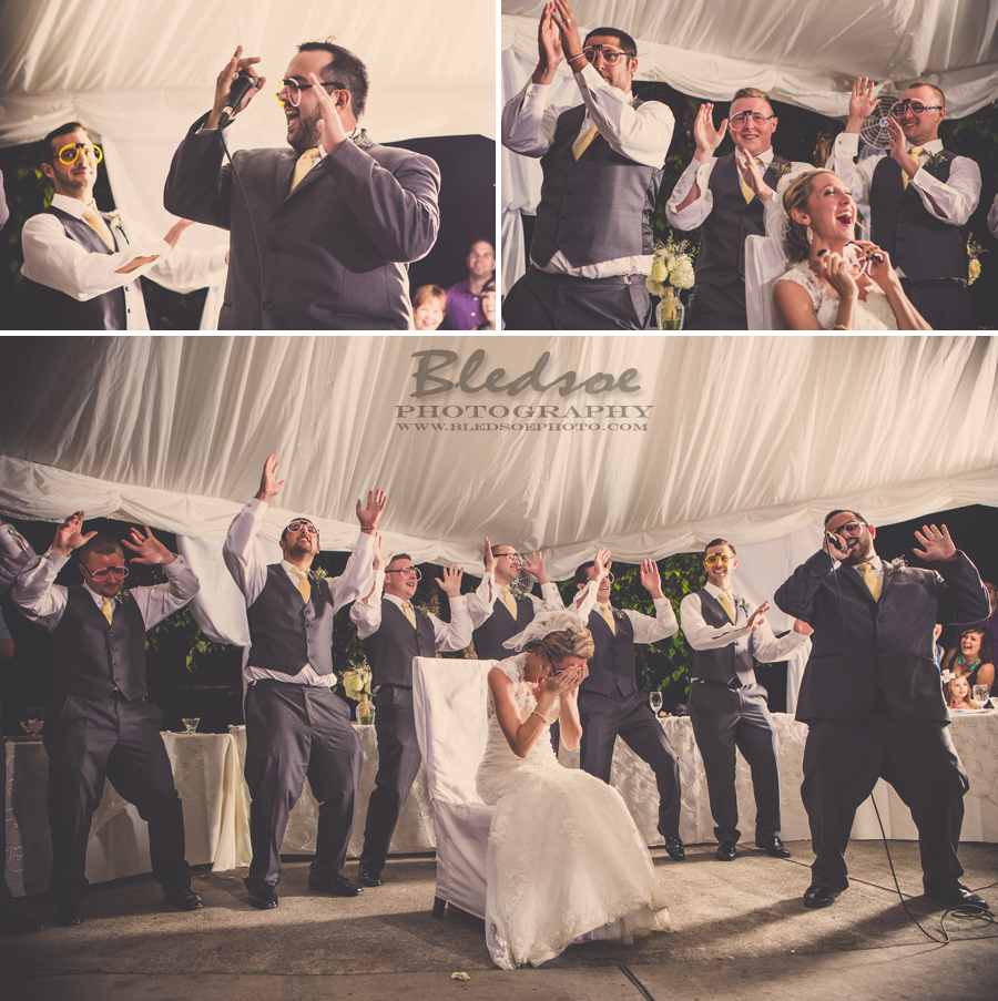 groom's choreographed dance garter toss at wedding reception, knoxville tn wedding photographer