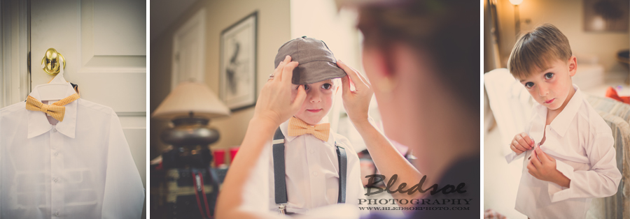 ring bearer, gray suit, yellow bow tie, gray hat, knoxville wedding on the lake, bledsoe photography