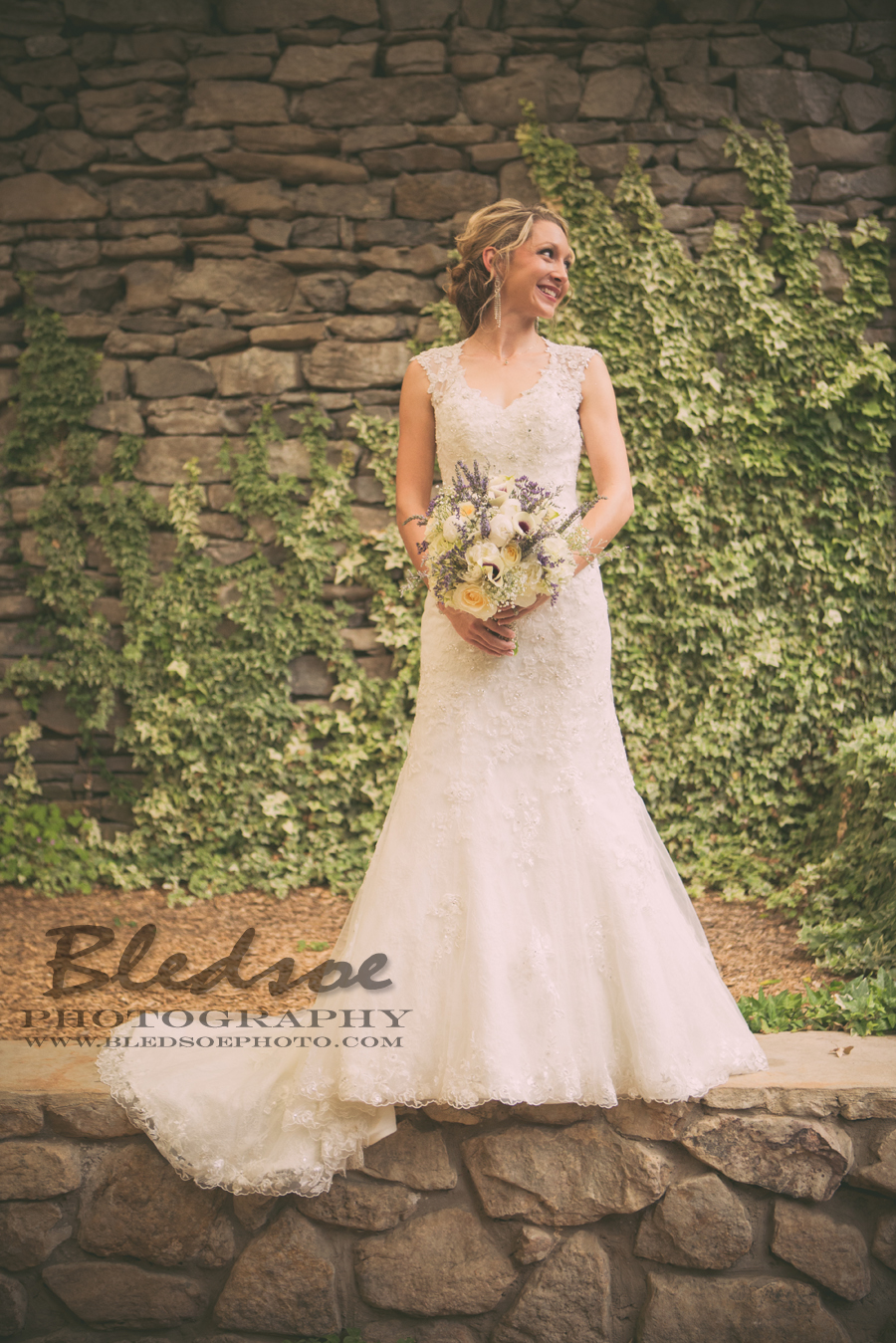 knoxville bridal portrait photo garden lavender gold bouquet lace backless dress bledsoe photography