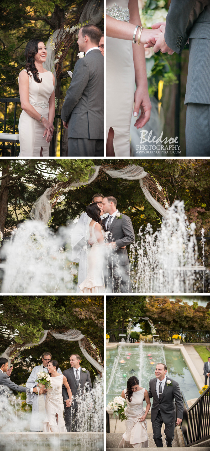 greek wedding knoxville photographer crescent bend bledsoe photography grey cream blush glam ceremony fountain kiss
