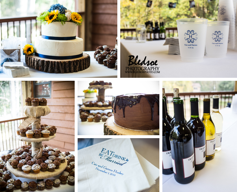 fall wedding reception at Hidden Hollow Resort, Chickamauga, GA, yellow daisy bouquet, navy and yellow, cupcakes Bledsoe Photography