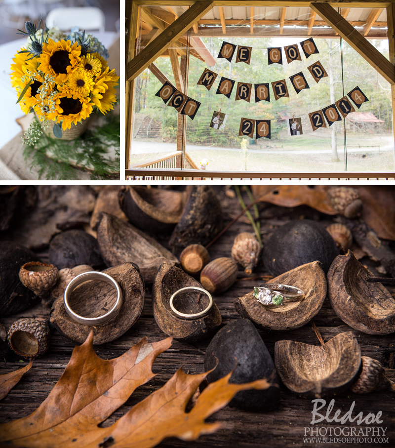 fall wedding reception at Hidden Hollow Resort, Chickamauga, GA, yellow daisy bouquet, wedding rings on walnuts, Bledsoe Photography