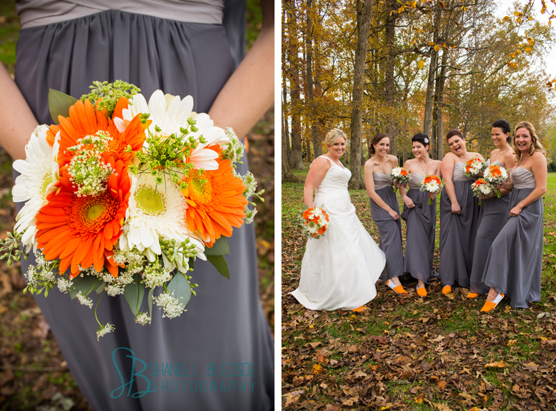 bride and bridesmaids, legacy springs event center, knoxville wedding  photographer, bledsoe photography, orange and white wedding, gray bridesmaid dress, orange and white Toms shoes