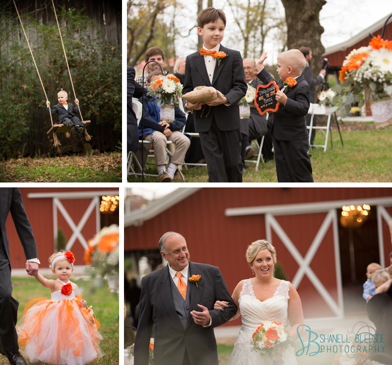 wedding ceremony, legacy springs event center, Knoxville wedding  photographer, Bledsoe photography, orange and white UT Vols wedding, orange and white tulle flower girl