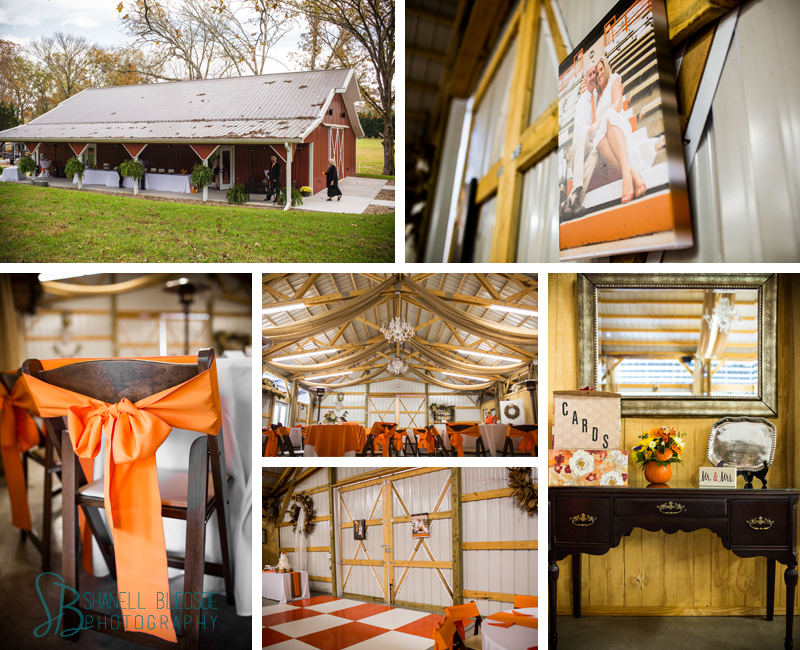wedding reception, legacy springs event center, Knoxville wedding  photographer, Bledsoe photography, orange and white UT Vols wedding, red barn, reception, checkerboard dance floor, orange chair bows, chandelier