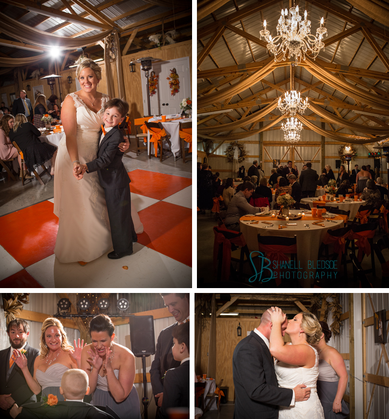 wedding reception, legacy springs event center, Knoxville wedding  photographer, Bledsoe photography, orange and white UT Vols wedding, red barn, reception, dancing