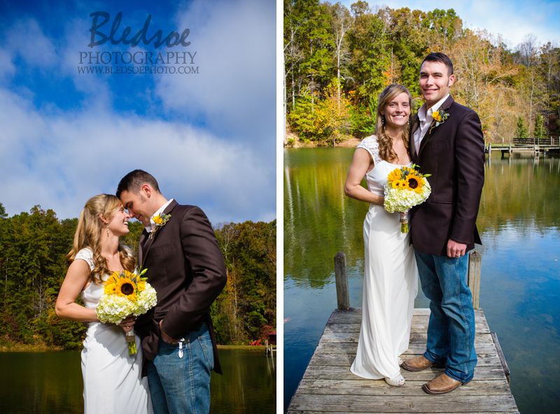 fall wedding reception at Hidden Hollow Resort, Chickamauga, GA, yellow daisy bouquet, cowboy boots, jeans, lake pier, dock, Bledsoe Photography