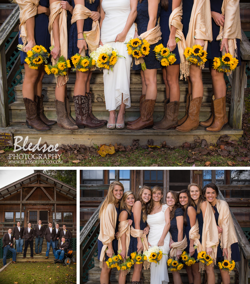 fall wedding reception at Hidden Hollow Resort, Chickamauga, GA, yellow daisy bouquet, cowboy boots, jeans, navy bridesmaid dress, Bledsoe Photography