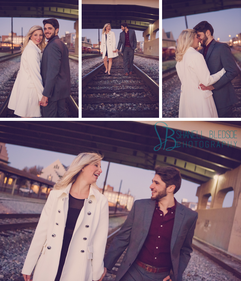 University of Tennessee engagement photo session UT majorette Shelbi and Dominic, downtown Knoxville, TN Bledsoe Photography, train tracks, old city