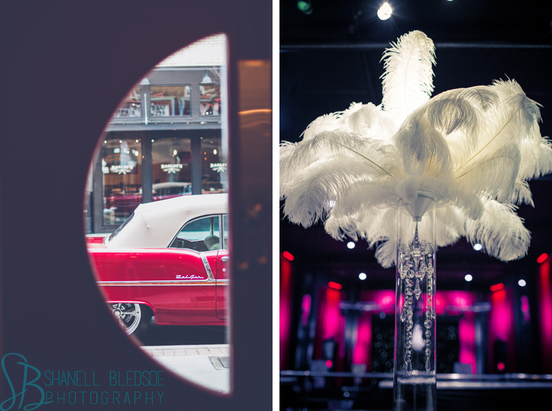 Old Hollywood glam art deco wedding at Capitol Theatre in Maryville, TN. Vintage convertible Bel Air, feather centerpieces, crystal chandelier