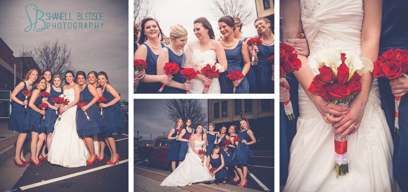 Old Hollywood glam art deco wedding at Capitol Theatre in Maryville, TN. Navy, red, gray wedding colors, bridesmaids outside old theatre