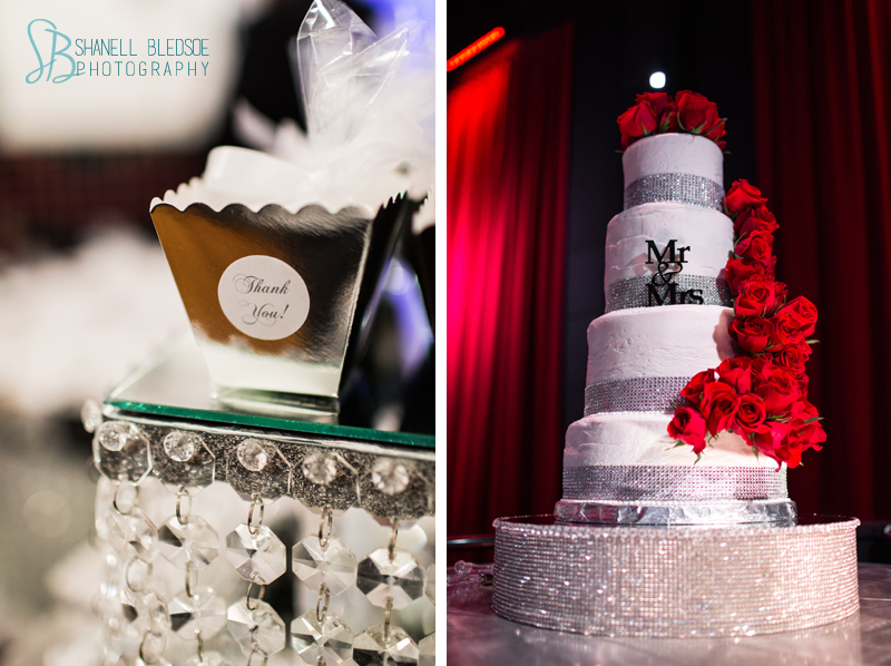 Old Hollywood glam art deco wedding at Capitol Theatre in Maryville, TN. red rose cake with rhinestone band, crystal centerpiece
