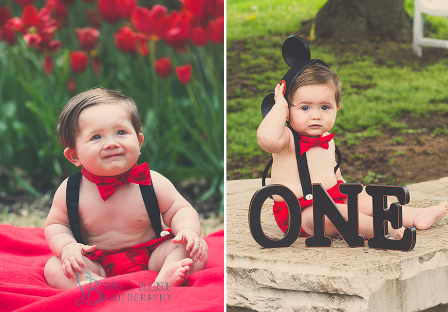 1 year old photo session in Knoxville, UT Gardens, Shanell Bledsoe Photography, Mickey Mouse outfit