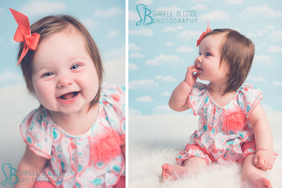 6 month baby girl photos portraits in knoxville, TN, clouds, fur rug, teal, coral