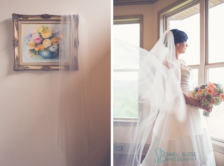 knoxville wedding photographer, Bride looking out bay window, long veil