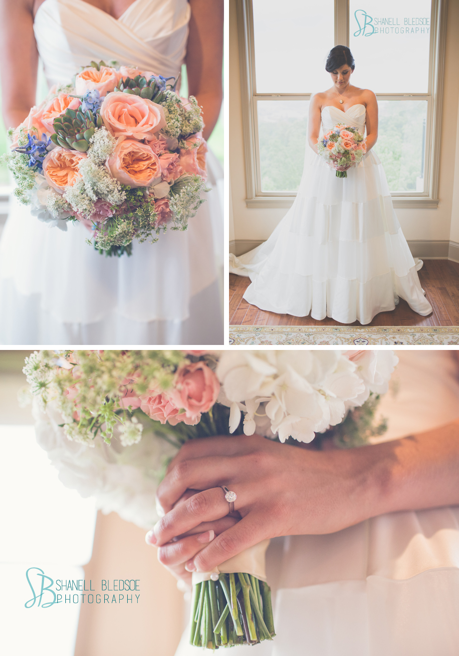 knoxville wedding photographer, bride in bay window, lisa foster bouquet, peach blue succulents