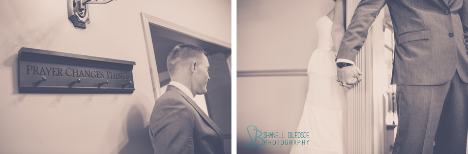 bride and groom between a wall, no look first look, shanell bledsoe photography
