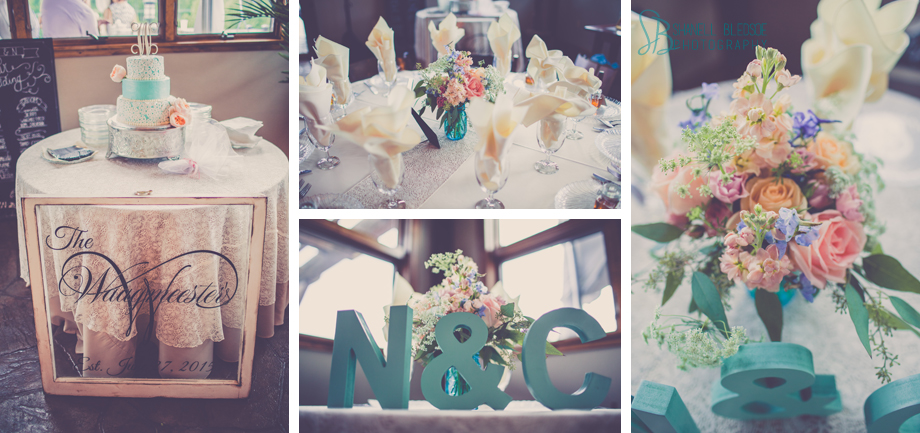 reception, wedding, grande vista bay, rockwood, tennessee, shanell bledsoe photography, clubhouse, ivory table setting, table decor, aqua, mint, turquoise, peach