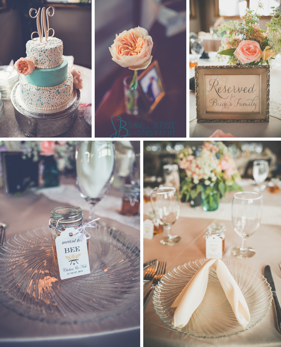 reception, wedding, grande vista bay, rockwood, tennessee, shanell bledsoe photography, clubhouse, ivory table setting, table decor, aqua, mint, turquoise, peach, honey favors, meant to bee, lace cake, peach roses