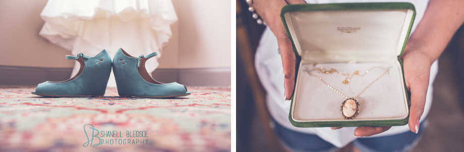 turquoise, aqua, teal vintage wedding shoes, velvet, peep toe, wedge, grandmother's cameo necklace, shanell bledsoe photography