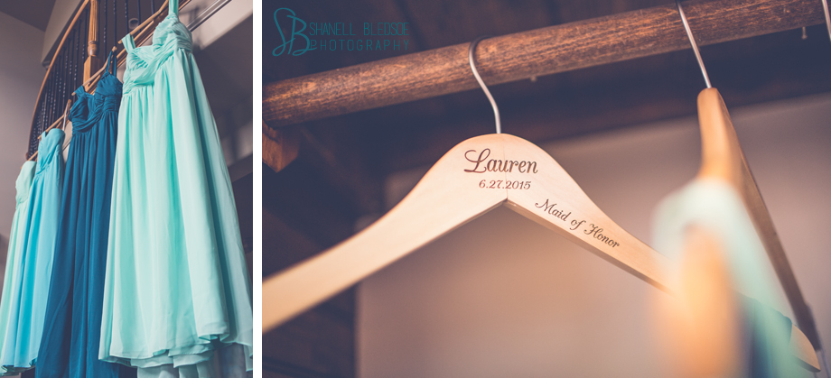 turquoise, aqua, teal bridesmaid dresses, alfred angelo, engraved custom hangers for bridesmaids, shanell bledsoe photography